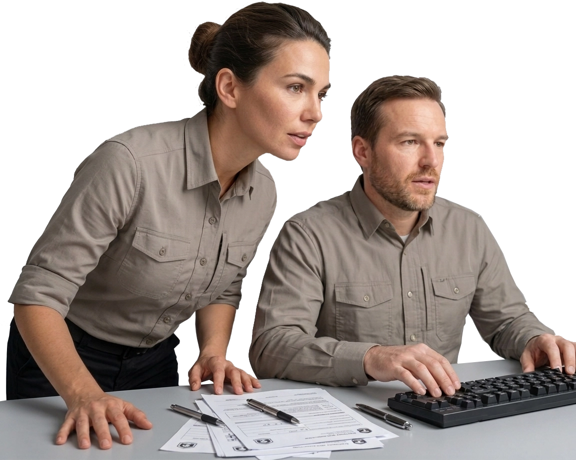 Two private security agents reviewing data at a command center workstation