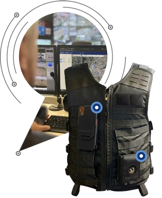Wearin' private security smart vest with integrated sensors, connected to real-time command dashboard